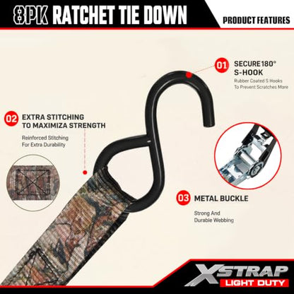 XSTRAP STANDARD Ratchet Straps, 900 LB Break Strength, 8-Pack 10FT Ratchet Tie Down Straps Set for Motorcycle Straps Tie Downs, Appliances, Lawn Equipment, Logistic Cargo Straps for Trucks(Camouflage) - color: Camouflage