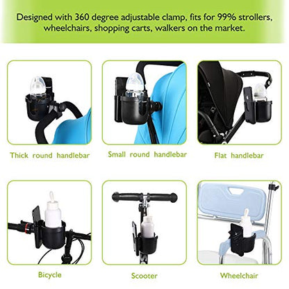 Accmor Stroller Cup Holder with Phone Holder, Bike Cup Holder, Universal Cup Holder for Uppababy Nuna Doona Strollers, 2-in-1 Cup Holder for Walker, Wheelchair, Scooter - color: All Black & All Black