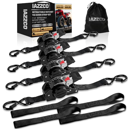 6FT Retractable Ratchet Straps(4-Pack) - 1 Inch (1800 LB Break Strength) Heavy Duty Self Retracting Ratchet Straps with Soft Loops & Storage Bag for Household, Motorcycle, Truck, ATV(Black) - style: 6FT/Black-4 Pack