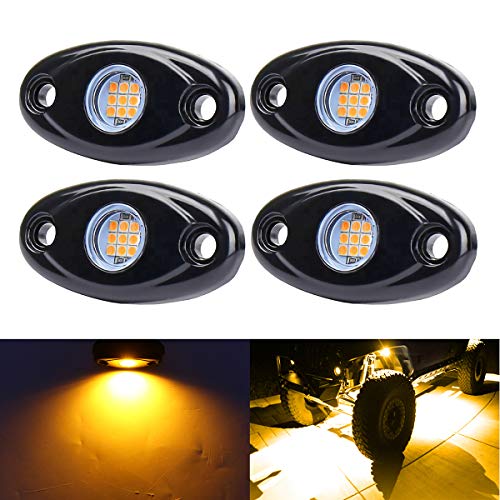 Yellow LED Rock Lights, 4 Pods Neon 12V Waterproof Underglow Underbody Kit Crawler Crawling Dome Exterior Wheel Lights for ATV RZR UTV SUV Off-Road Auto Boat Motorcycle Glow Trail Rig Fender Lamp - color: yellow