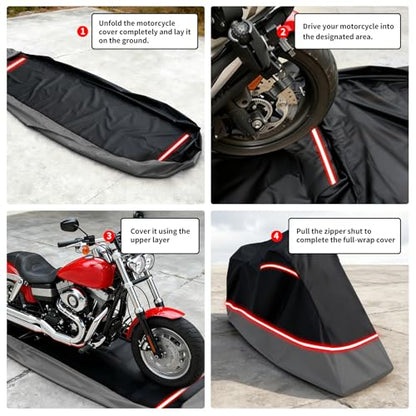 Full Enclosed Motorcycle Cover,Waterproof for Outdoor & Indoor Storage, 600D Heavy Duty with Reflective Strips, Fits Scooters & Touring Motorcycles up to Length 108" x 45" x 59" Black&Gray - size: 108"L-45"W-59"H
