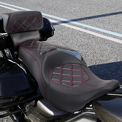 C.C. RIDER Classic Seat Backrest Pad - Driver Seat Rider Sissy Bar Passenger Backrest Pad Kit fit for Harley Davidson Touring Road King Street Glide Electra Glide Road Glide 2014-2023 - color: Seat + Passenger Sissy Bar Black Red