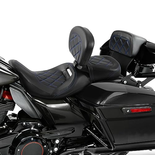 SLMOTO Motorcycle Low-Profile Passenger Rieder Seat, Rider Sissy Bar Backrest Pad Passenger Sissy Bar For Harley Touring CVO Road King Street Glide Road Glide Electra Glide 2014-2023 Black Blue - color: Style B Blue Seat+Rider Backrest + SP