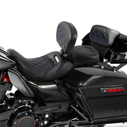 SLMOTO Motorcycle Low-Profile Passenger Rieder Seat, Rider Sissy Bar Backrest Pad Passenger Sissy Bar For Harley Touring CVO Road King Street Glide Road Glide Electra Glide 2014-2023 Black Blue - color: Style B Blue Seat+Rider Backrest + SP