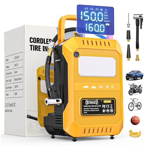 DIYtoolifz Tire Inflator Portable Air Compressor Compatible with Dewalt 20V Battery, 160PSI Air Pump with Dual Digital Screen, Auto Shut-Off, 5X Faster Inflation & Deflation for Car, Motor (Tool Only) - color: Yellow-compatible With Dewalt, size: 160 PSI