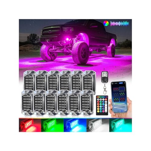 12Pods Full Angle RGB LED Rock Lights Kit for Trucks Pickup Jeep UTV ATV SXS Off-Road, 360Chip Waterproof Multicolor Underglow Light with APP/RF Remote, Pre Wired 12V Underbody Accent Light Dual Zone - color: RGB 30LEDs, size: 12Pods