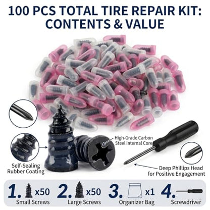 100 PCS Tire Repair Screw Kit, Self-Tapping Tire Plug Rubber Nail Set with Screwdriver, Fast Emergency Tire Repair Plugs for Car, Motorcycle, Truck, Tractor Puncture Fix (2 Sizes)