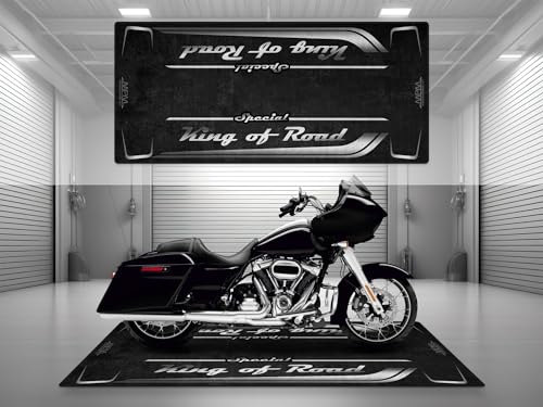 Garage Mat with Special King of Road for Cruiser and Custom Motorcycle, Motorcycle Mat, Washable Non-Slip Showroom Floor Carpet(Vivid Black, Size 2: 102 x 47/260 x 120 cm) - color: Vivid Black, size: 3'3" x 7'3" (Oblong)