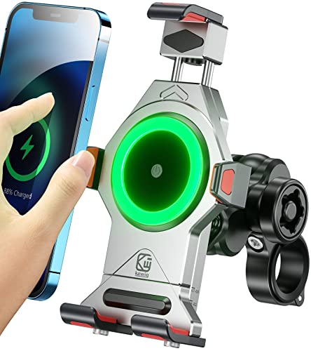 BRCOVAN Aluminum Alloy Motorcycle Phone Mount with Qi 15W Wireless Charger | with Vibration Dampener, Anti-Theft Waterproof Motorcycle Handlebar Cellphone Holder, Adjustable Fit 4.7''-7.2'' Smartphones - color: SILVER