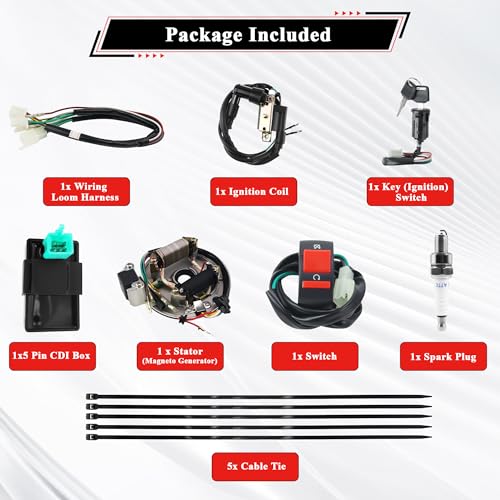 Rebuild Kick Start Dirt Pit Bike Wire Harness Wiring Loom Kit with Ignition Coil CDI 2 Coil Stator White A7TC Spark Plug for 50cc 70cc 90cc110cc 125cc 140cc Lifan Loncin Zongshen YX - color: White