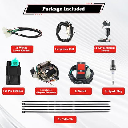 Rebuild Kick Start Dirt Pit Bike Wire Harness Wiring Loom Kit with Ignition Coil CDI 2 Coil Stator White A7TC Spark Plug for 50cc 70cc 90cc110cc 125cc 140cc Lifan Loncin Zongshen YX - color: White