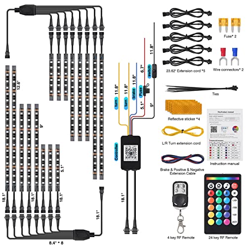 16PCS Motorcycle RGB LED Light Kits and 4pcs 47 inch 4-pin Extension Cords and 2pcs 2-Way Splitters