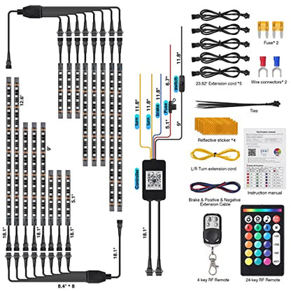 16PCS Motorcycle RGB LED Light Kits and 4pcs 47 inch 4-pin Extension Cords and 2pcs 2-Way Splitters