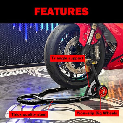 MOTO4U Motorcycle Front & Rear Stand, Front Rear Combo Stand Universal Wheel Lift Stand Swingarm Spool Lift Stand Paddock Stand (Red Wheel) - size: Front & Rear Stand Black
