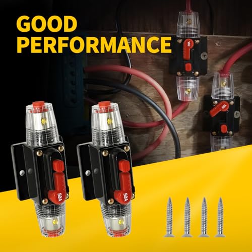 50 Amp Manual Reset Circuit Breaker DC 12-48V Waterproof Inline Fuse Holder, 3-15 AWG Overload Protection for Car Audio Sound Amplifier System RV Marine Boat Truck Solar (Pack of 2) - style: 50A