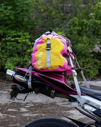 IRON JIA'S Motorcycle Dry Bag - Waterproof Duffle & Luggage Tail Bag Saddle Bags with Roll Top Closure, Shoulder Straps, Inner Pocket and Mesh Pocket (Pink, 30L) - color: Pink, size: 30L