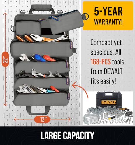 CRAFT911 Durable Tool Bag Organizers w/Detachable 6 Tool Pouches - Small | Compact & Lightweight Tool Roll Up Organizer for Electrician, Mechanic, Hobbyist - color: Gray