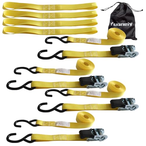 Ratchet Straps Tie Downs (4-Pack) - 1 Inch x 15 Feet (1,500lb Break Strength) for Moving, Trailer, Motorcycle Tie Down Straps Soft Loops
