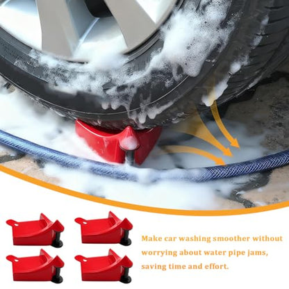 4PCS Car Hose Guide, Vehicle Detailing Cleaning Tools Hose Guides Preventing Wash Stuck Under The Tires, Automotive Wheel Rolling System Tool for Washing, Universal Fit (Red) - color: Red