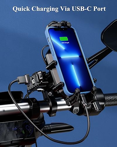 BRCOVAN Motorcycle Phone Mount with Qi Wireless & USB-C Charger | Qi 15W & PD 30W, Anti-Theft Handlebar Cellphone Holder with Vibration Dampener, Adjustable for 5.4-7.2'' Smartphone