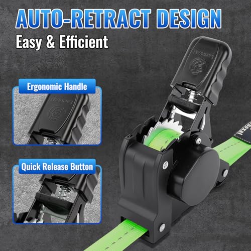 Retractable Ratchet Straps 4 Pack - 1,500 Lbs Break Strength 1 in x 10 Ft Heavy Duty Retractable Ratchet Tie Down Straps with S Hooks Set for Truck, Cargo Van, Trailer, Motorcycle (Green) - color: Green