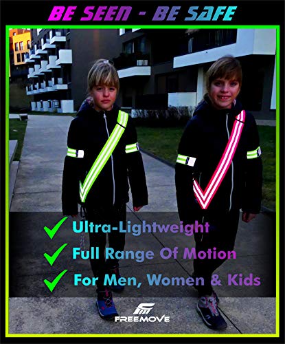 FREEMOVE Reflective SASH with 2 Bands - or - Reflective Runners Waist Belt with 4 Arm Bands > Easy to Put On/Off Reflective Gear for Guaranteed Visibility & Safety for Dog Walking, Running, Cycling - color: Pink SASH and BANDS