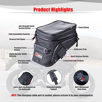 Goldfire Motorcycle Tank Bag Expandable ADV Gas Oil Fuel Tank Saddle Bag with Strong Strap Mount Water Resistant Motorcycle Storage Bag(Red Piping) - color: Red Piping