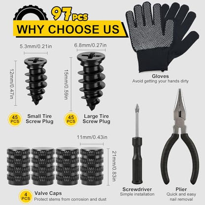 97PCS Tire Repair Rubber Nail Kit, 2 Sizes Spiral Screw-in Tire Plugs, Tire Screw Plugs with Screwdriver, Pliers, Gloves, Fast Self-Service Tool for Car, Truck,Motorcycle,Tractor Tire Puncture Repair - size: 97PCS