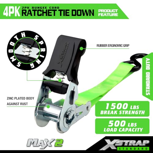 XSTRAP STANDARD 4 Pack 1" x 15Ft Ratchet Tie Down Straps - 500Lbs Load Cap, 1500Lb Break Strength, Includes 4 Soft Loops for Moving Appliances, Lawn Equipment & Motorcycle, Green - style: 4pk 1inchx15ft 1500lbs green with 4 Soft Loops