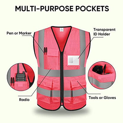 TICONN Reflective Safety Vest High Visibility Class II Mesh Vest for Women & Men Meets ANSI Standards - color: Pink, size: Large