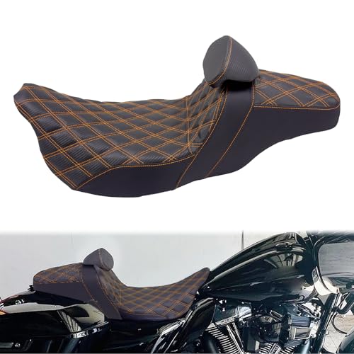One-Piece Driver Passenger Seat Motorcycle 2-up Seat With Driver Backrest Cushion Pad Fit for Harley Touring Electra Glide Road King Road Glide Street Glide 2009-2023 (Orange Stitching) - color: Orange Stitching w/Driver Backrest