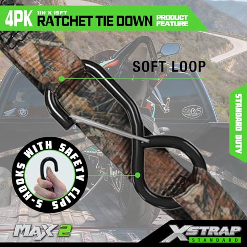 XSTRAP STANDARD 4-Pack Ratchet tie-Down Straps (1" x 15 ft) Feature Integrated Soft Loops, Padded Handles, Coated S-Hooks with Safety Clips, 1890 lbs Break Strength for Motorcycles, Trucks(Camouflage) - size: Camouflage-1890 lbs