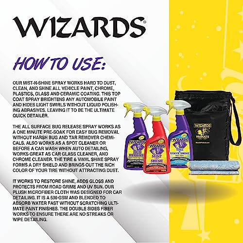 Wizards 5 Piece Car Detailing Kit - Beginner Friendly Professional Car Detailing Kit - Car Accessories for Men - Comes with a Microfiber Towel, Storage Bag and 22 oz Spray Bottles - color: Quick Kit (5 pc)