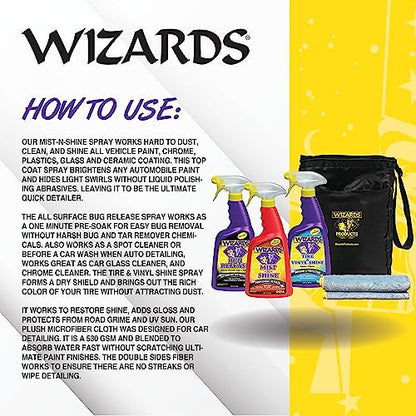 Wizards 5 Piece Car Detailing Kit - Beginner Friendly Professional Car Detailing Kit - Car Accessories for Men - Comes with a Microfiber Towel, Storage Bag and 22 oz Spray Bottles - color: Quick Kit (5 pc)