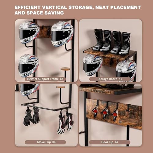 Motorcycle Helmet Holder Wall Mount, Motorcycle Helmet Rack with 4 Glove Chips & Hooks for Helmets, Jackets, Accessories