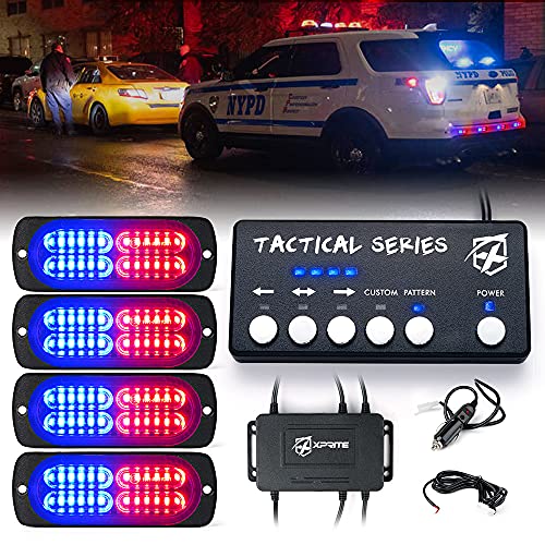 Xprite 24 LED Surface Mount Strobe Lights Kit with Control Panel, Grill Grille Flashing Emergency Warning Police Side Marker Light for Trucks Vehicles ATV RV Cars Van Red Blue, 4PCS - color: Blue Mix Red, size: 4 PCS