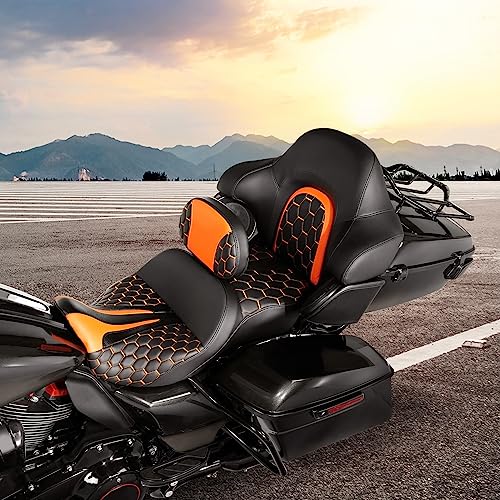 C.C. RIDER Gel Seat Driver Passenger Seat and Driver+ Tour Trunk Backrests Fit For Harley Touring 2014-2023 Street Glide Road Glide Road King Electra Glide,Orange Hexagon - color: 23# Gel Orange+ 2 Backrests