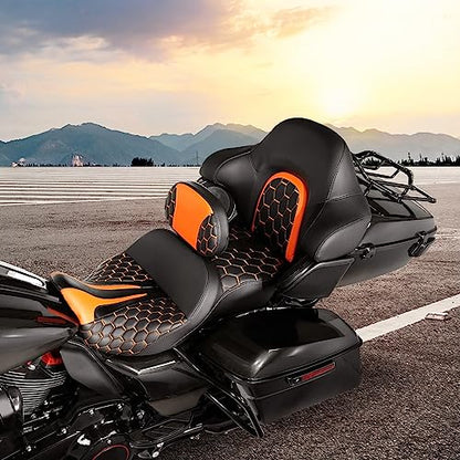 C.C. RIDER Gel Seat Driver Passenger Seat and Driver+ Tour Trunk Backrests Fit For Harley Touring 2014-2023 Street Glide Road Glide Road King Electra Glide,Orange Hexagon - color: 23# Gel Orange+ 2 Backrests