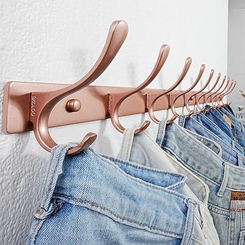 SKOLOO Coat Rack Wall Mounted - 10 Hooks, Heavy Duty, Stainless Steel, Metal Wall Hanger, Sturdy Coat Hooks for Hanging Coats, Jacket, Clothes, Hat, Matte Rose Gold - color: Matte Rose Gold, size: 10 Hook(1 Pack)