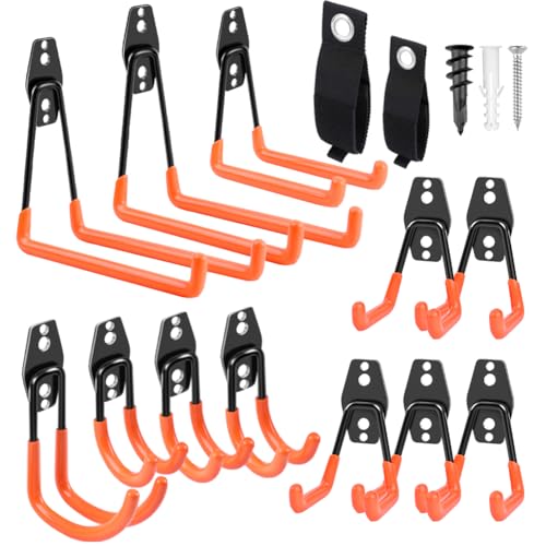 Garage Hooks Heavy Duty 14 Pack, Steel Garage Storage Hooks, Tool Hangers for Garage Wall Utility Wall Mount Garage Hooks and Hangers with Anti-slip Coating for Garden Tools, Ladders, Bulky Items - color: Orange