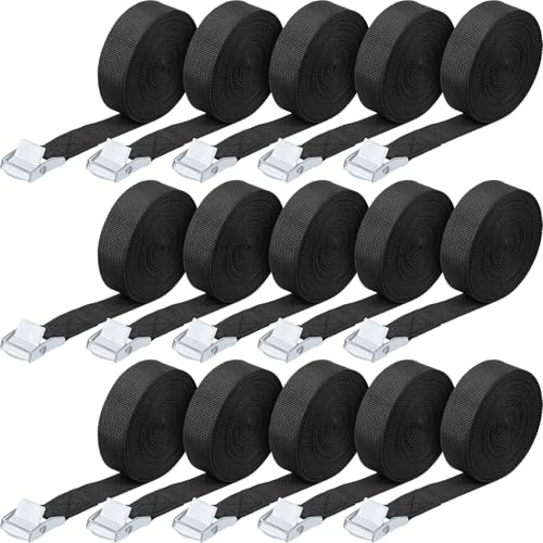 Riakrum 15 Pack 10 Feet Lashing Straps Adjustable Kayaks Tie Down Cam Buckle Straps with Buckles up to 250lbs for Cargo, Luggage, Motorcycles, Truck, Car Roof Rack, Sup Surfboard(Black) - color: Black, size: 10 Feet