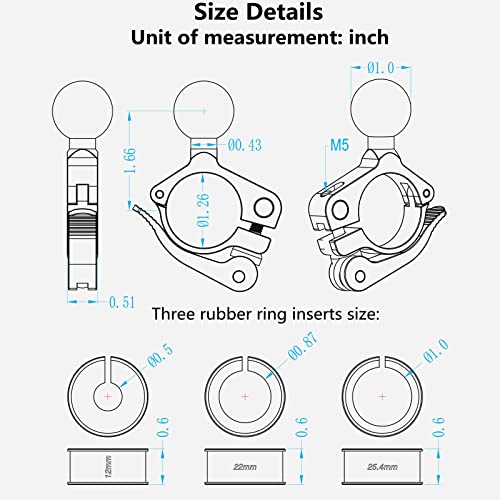 BRCOVAN 10 PCS, Aluminum Alloy Handlebar Clamp Mount Base with 1'' TPU Ball | for Rail 0.5'' 0.87'' 1'' 1.125'' 1.26'' in Diameter, Fit for RAM Mounts B Size 1 Inch Ball Double Socket Arm, Tool-Less - style: R18-Set of 10
