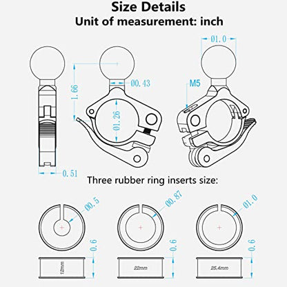 BRCOVAN 10 PCS, Aluminum Alloy Handlebar Clamp Mount Base with 1'' TPU Ball | for Rail 0.5'' 0.87'' 1'' 1.125'' 1.26'' in Diameter, Fit for RAM Mounts B Size 1 Inch Ball Double Socket Arm, Tool-Less - style: R18-Set of 10