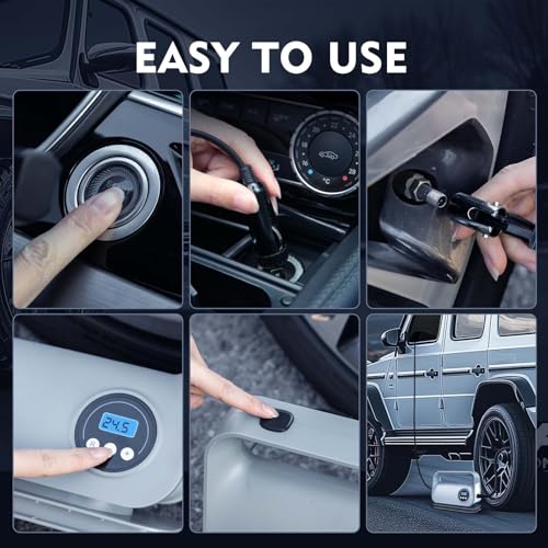 YIJU Tire Inflator Portable Air Compressor Tire Air Pump for Car Tires - Car Accessories, 12V DC Auto Pump with Digital Pressure Gauge, Emergency LED Light for Motorcycle, Bike,Gray