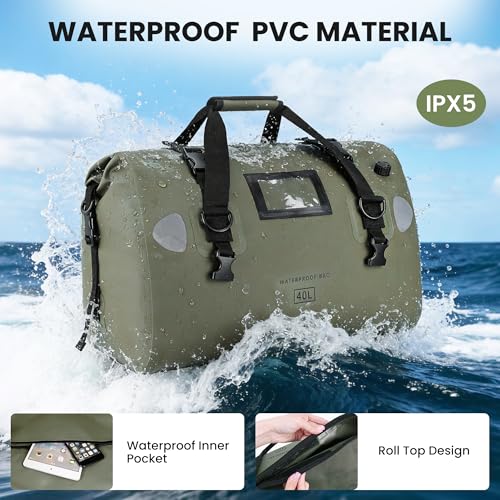 HOMIEE 40L Waterproof Duffel Bag, Waterproof Motorcycle Dry Travel Bag Tail Bag with Roll Top Closure & Shoulder Straps Outer Mesh Zipper Pocket for Camping, Kayaking, Fishing & Traveling - color: Green