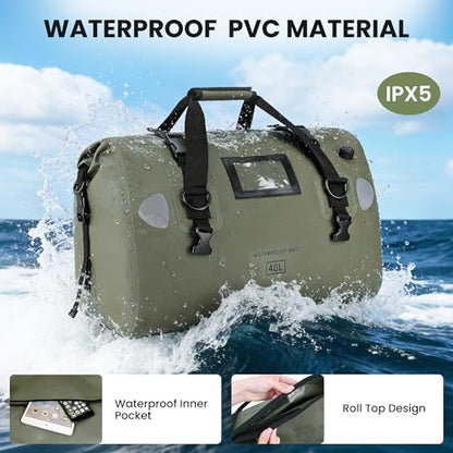 HOMIEE 40L Waterproof Duffel Bag, Waterproof Motorcycle Dry Travel Bag Tail Bag with Roll Top Closure & Shoulder Straps Outer Mesh Zipper Pocket for Camping, Kayaking, Fishing & Traveling - color: Green