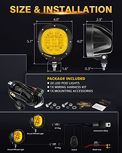 Auxbeam P4 Series Amber Round Fog Lamps 4-Inch 90W Flood Light Pods | Yellow driving lights for rain dust snow, 4x4 ATV Jeep truck motorcycle ditch lights, LED offroad light bar 2-pack - color: P4 Series Amber Flood Lights