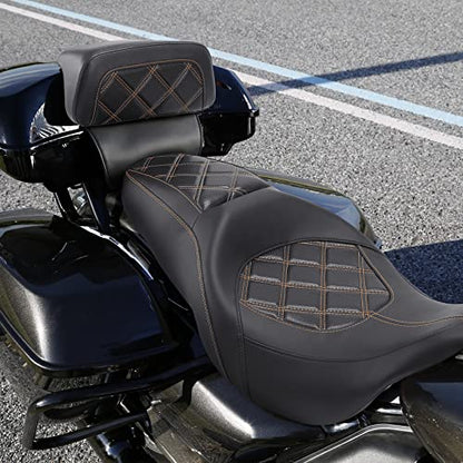C.C. RIDER Classic Seat Backrest Pad - Driver Seat Rider Sissy Bar Passenger Backrest Pad Kit fit for Harley Davidson Touring Road King Street Glide Electra Glide Road Glide 2014-2023 - color: Seat + Passenger Sissy Bar Black Orange