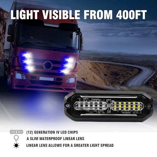 WINECO 8PCS LED Strobe Lights 12V Sync Feature Blue White 12LED Emergency Hazard Warning Lights with Strobe Controller for Trucks Vehicles ATV RV Cars Van - color: BLUE WHITE