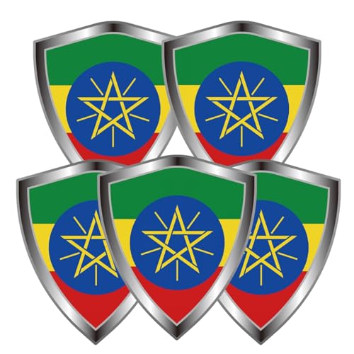 Ethiopia Flag Decal Sticker - Ethiopian Flags Shield Shape Reflective Vinyl Car Stickers - for Car Window Bumper Laptop Waterproof Sticker (5Pcs) - color: Ethiopia